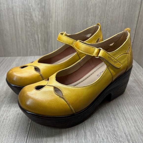 Venus Mary Jane Platform Shoes Womens 37 Adjustable Strap Cut Out Leather Yellow - Picture 6 of 12